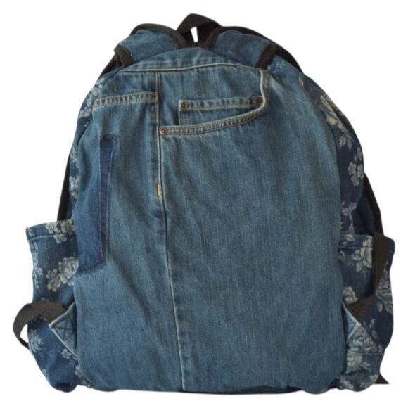 Upcycled Floral Denim Backpack with Jeans Pockets – Y2K Boho Preloved Bag main image 6